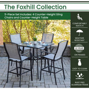 Hanover - Foxhill 5pc Counter Height Dining Set:4 Sling Center Height Chairs, 42" Slat Table - Grey/Gunmetal-United Backyard