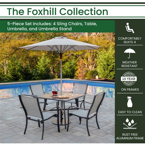 Hanover - Foxhill 5pc Dining Set: 4 Sling Dining Chairs, 30" Sq Slat Table, Umbrella & Base - Grey/Gunmetal-United Backyard