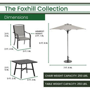 Hanover - Foxhill 5pc Dining Set: 4 Sling Dining Chairs, 30" Sq Slat Table, Umbrella & Base - Grey/Gunmetal-United Backyard