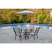 Hanover - Foxhill 5pc Dining Set: 4 Sling Dining Chairs, 30" Sq Slat Table, Umbrella & Base - Grey/Gunmetal-United Backyard