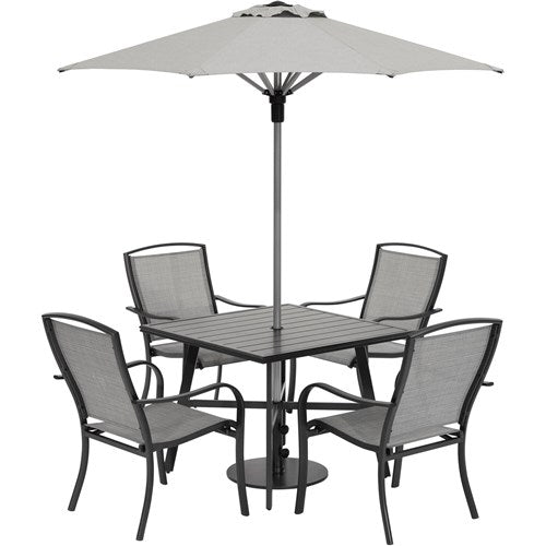 Hanover - Foxhill 5pc Dining Set: 4 Sling Dining Chairs, 30" Sq Slat Table, Umbrella & Base - Grey/Gunmetal-United Backyard