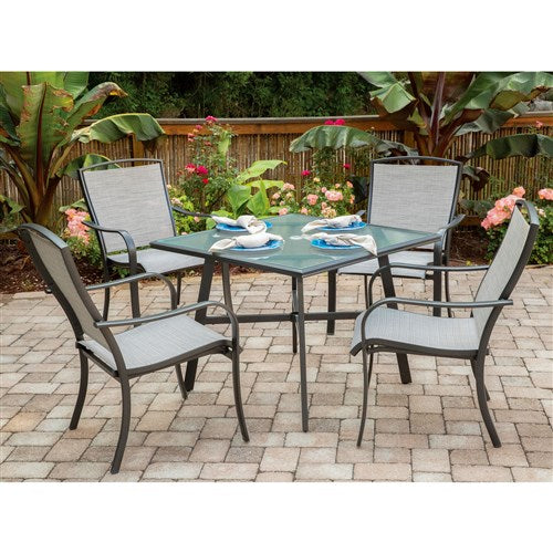 Hanover - Foxhill 5pc Dining Set: 4 Sling Dining Chrs and 1 38" Square Glass Table - Gray/Gunmetal-United Backyard