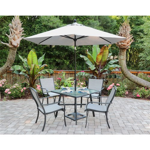 Hanover - Foxhill 5pc Dining Set: 4 Sling Dining Chrs and 1 38" Square Glass Table - Gray/Gunmetal-United Backyard