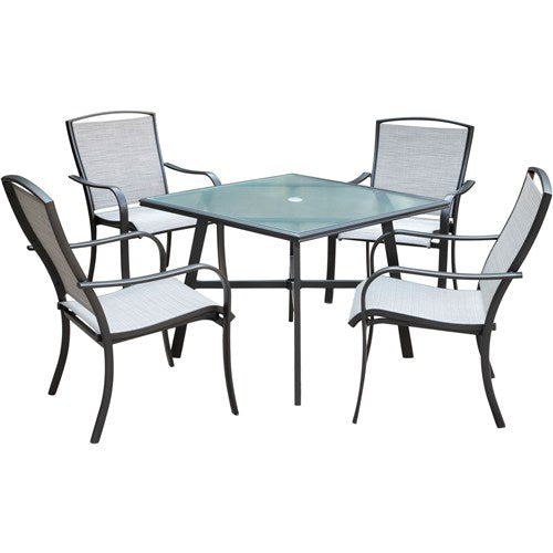Hanover - Foxhill 5pc Dining Set: 4 Sling Dining Chrs and 1 38" Square Glass Table - Gray/Gunmetal-United Backyard