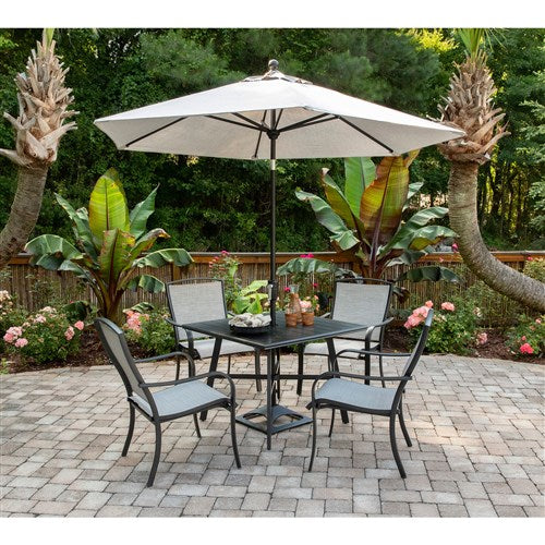 Hanover - Foxhill 5pc Dining Set: 4 Sling Dining Chrs and 1 38" Square Slat Table - Gray/Gunmetal-United Backyard