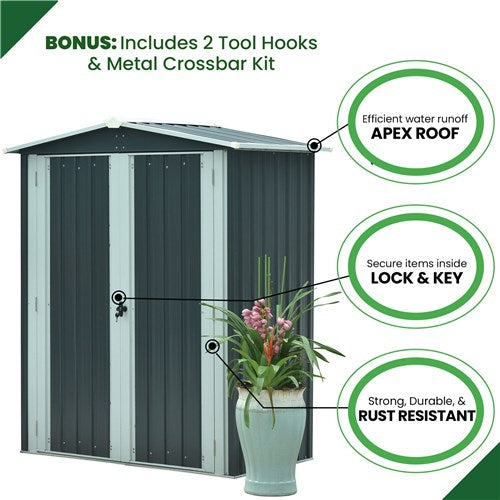 Hanover - Galvanized Steel APEX Patio Storage Shed 3'x5'x6' with Base - Dark Gray/White-United Backyard