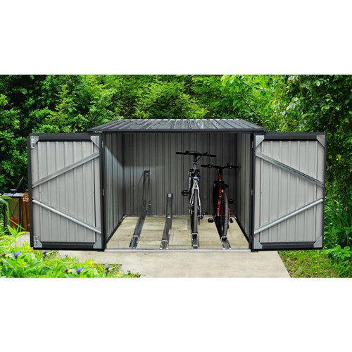 Hanover - Galvanized Steel Bicycle Storage 7'x7', Lock Doors, Pent Roof - Dark Gray-United Backyard