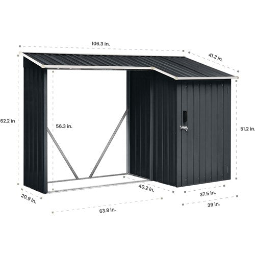 Hanover - Galvanized Steel Multi Wood Storage 5.2'x8.8'x5.3', Lockable Hinge Door - Dark Gray/White-United Backyard