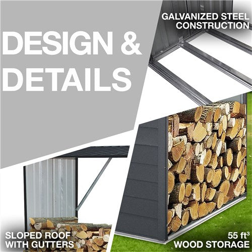 Hanover - Galvanized Steel Wood Storage 5.3'x2.75'x5' - Dark Gray-United Backyard