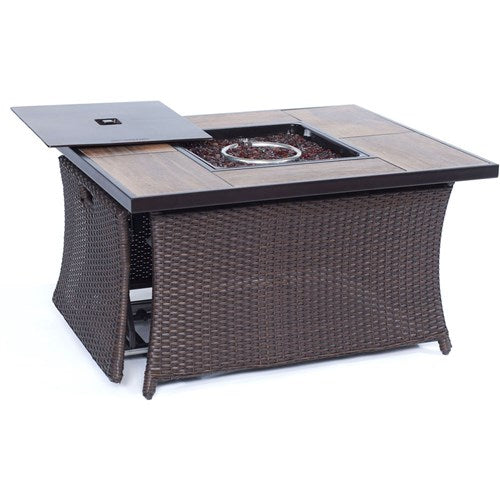 Hanover - Hanover Woven Coffe Table Fire Pit with Wood Grain Tile Top and Lid - Brown/Wood Grain Top-United Backyard