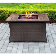 Hanover - Hanover Woven Coffe Table Fire Pit with Wood Grain Tile Top and Lid - Brown/Wood Grain Top-United Backyard