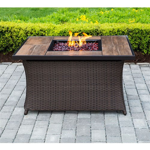 Hanover - Hanover Woven Coffe Table Fire Pit with Wood Grain Tile Top and Lid - Brown/Wood Grain Top-United Backyard