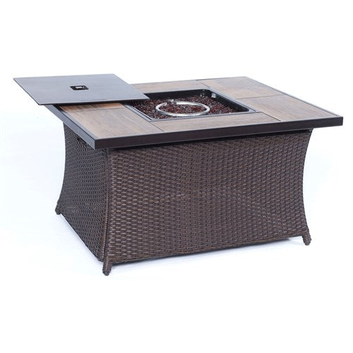 Hanover - Hanover Woven Coffe Table Fire Pit with Wood Grain Tile Top and Lid - Brown/Wood Grain Top-United Backyard