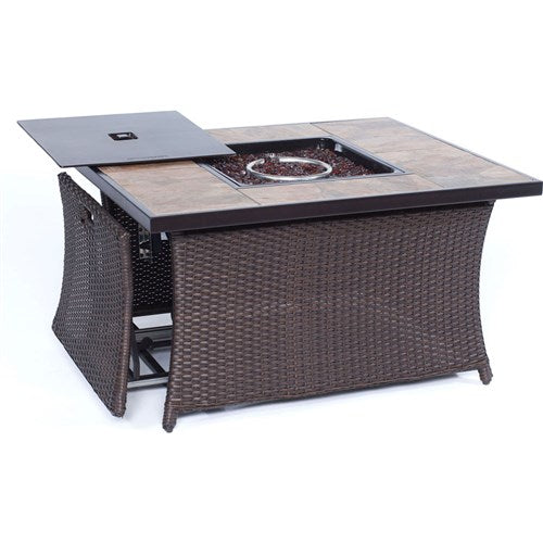 Hanover - Hanover Woven Coffee Table Fire Pit with Porcelain Tile Top and Lid - Brown/Porcelain Tile Top-United Backyard