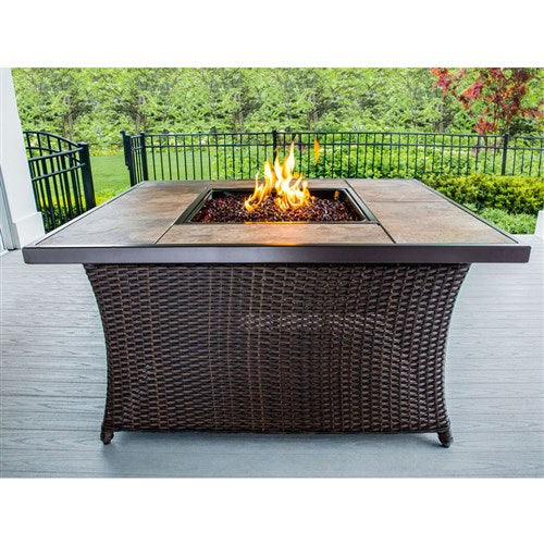 Hanover - Hanover Woven Coffee Table Fire Pit with Porcelain Tile Top and Lid - Brown/Porcelain Tile Top-United Backyard