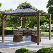 Hanover - Highland 9.8'x9.8'x9.5' Hard Top Gazebo - Dark Brown/Faux Wood-United Backyard