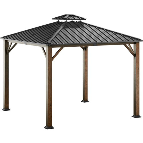 Hanover - Highland 9.8'x9.8'x9.5' Hard Top Gazebo - Dark Brown/Faux Wood-United Backyard