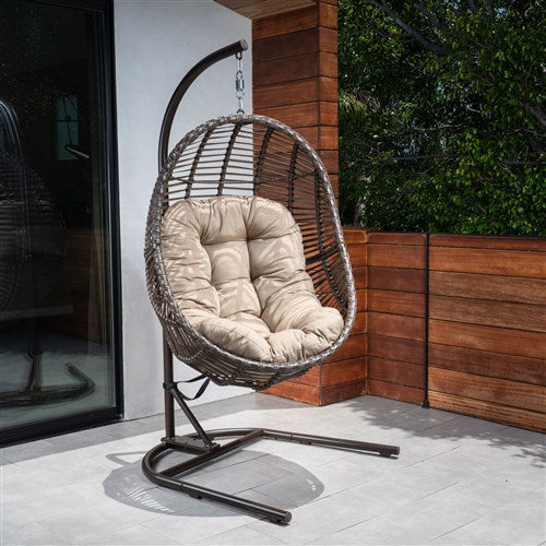Hanover - Isla Steel/Wicker Rattan Hanging Egg Chair - Brown/Taupe-United Backyard