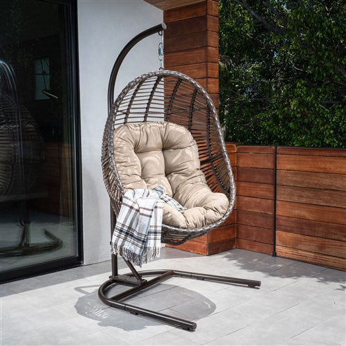 Hanover - Isla Steel/Wicker Rattan Hanging Egg Chair - Brown/Taupe-United Backyard