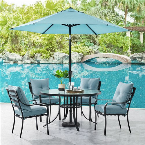 Hanover - Lavallette 5pc: 4 Dining Chairs, Round Glass Table, Umbrella & Base - Blue-United Backyard