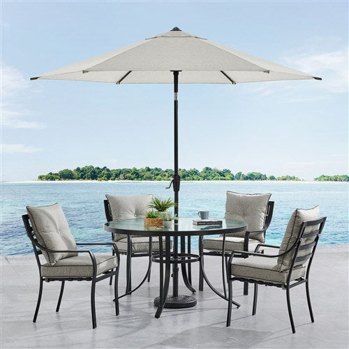 Hanover - Lavallette 5pc: 4 Dining Chairs, Round Glass Table, Umbrella & Base - Silver-United Backyard