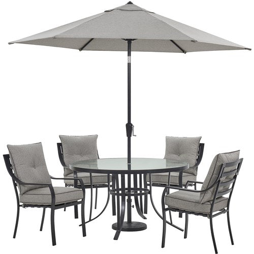 Hanover - Lavallette 5pc: 4 Dining Chairs, Round Glass Table, Umbrella & Base - Silver-United Backyard