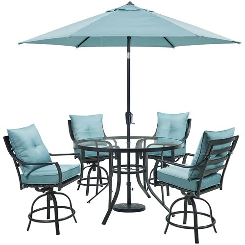 Hanover - Lavallette 5pc: 4 Swivel Bar Chairs, Bar Glass Table, Umbrella & Base - Blue (LAVDN5PCBR-BLU-SU)-United Backyard