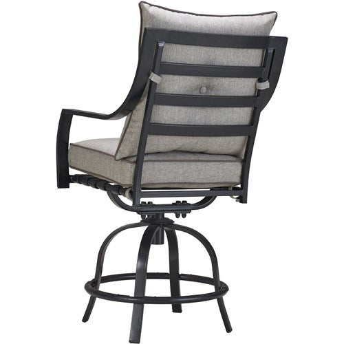 Hanover - Lavallette 5pc: 4 Swivel Bar Chairs, Bar Glass Table, Umbrella & Base - Silver-United Backyard