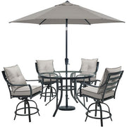 Hanover - Lavallette 5pc: 4 Swivel Bar Chairs, Bar Glass Table, Umbrella & Base - Silver-United Backyard