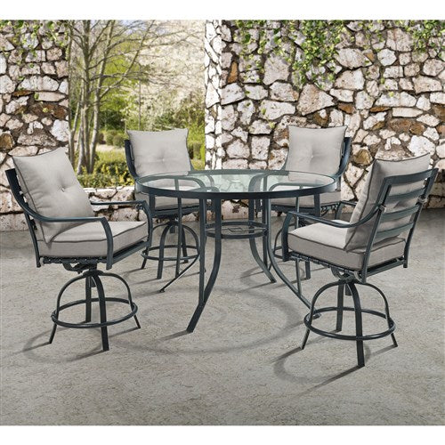 Hanover - Lavallette 5pc: 4 Swivel Bar Chairs and Bar Glass Table - Silver-United Backyard