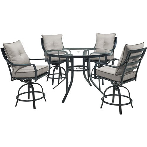 Hanover - Lavallette 5pc: 4 Swivel Bar Chairs and Bar Glass Table - Silver-United Backyard