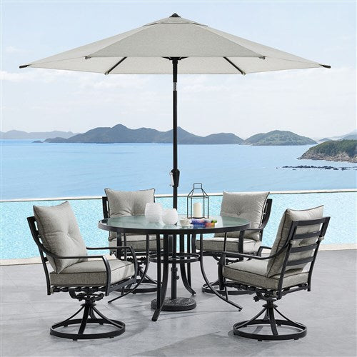 Hanover - Lavallette 5pc: 4 Swivel Chairs, Round Glass Table, Umbrella & Base - Silver-United Backyard