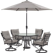 Hanover - Lavallette 5pc: 4 Swivel Chairs, Round Glass Table, Umbrella & Base - Silver-United Backyard