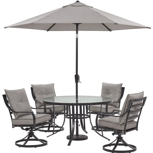 Hanover - Lavallette 5pc: 4 Swivel Chairs, Round Glass Table, Umbrella & Base - Silver-United Backyard