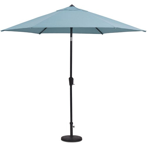 Hanover - Lavallette 5pc: 4 Swivel Chrs, Round Glass Table, Umbrella & Base - Blue-United Backyard