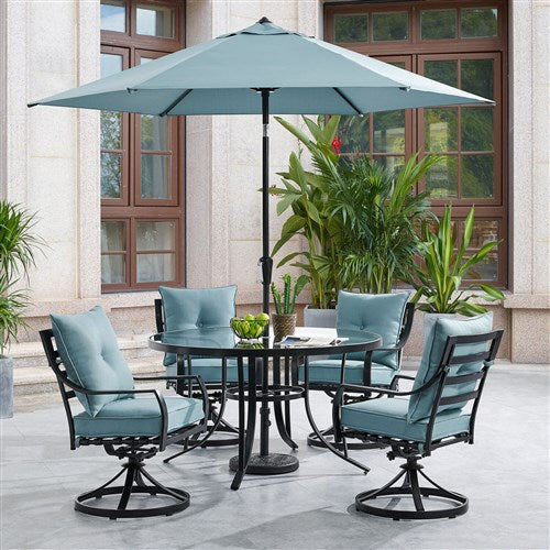 Hanover - Lavallette 5pc: 4 Swivel Chrs, Round Glass Table, Umbrella & Base - Blue-United Backyard