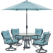 Hanover - Lavallette 5pc: 4 Swivel Chrs, Round Glass Table, Umbrella & Base - Blue-United Backyard