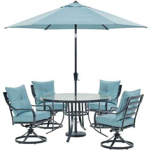 Hanover - Lavallette 5pc: 4 Swivel Chrs, Round Glass Table, Umbrella & Base - Blue-United Backyard