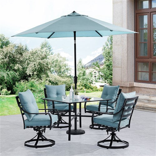 Hanover - Lavallette 5pc: 4 Swivel Dining Chairs, Square Glass Table, Umbrella & Base - Blue-United Backyard
