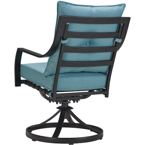 Hanover - Lavallette 5pc: 4 Swivel Dining Chairs, Square Glass Table, Umbrella & Base - Blue-United Backyard