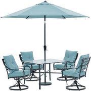 Hanover - Lavallette 5pc: 4 Swivel Dining Chairs, Square Glass Table, Umbrella & Base - Blue-United Backyard
