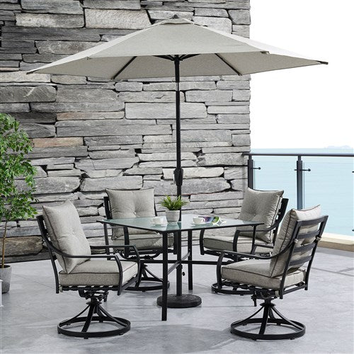 Hanover - Lavallette 5pc: 4 Swivel Dining Chairs, Square Glass Table, Umbrella & Base - Silver-United Backyard