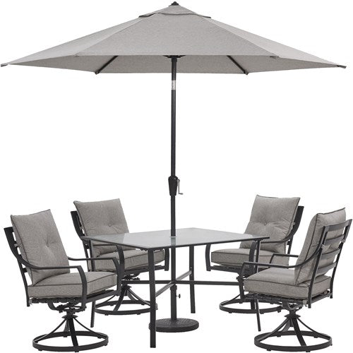 Hanover - Lavallette 5pc: 4 Swivel Dining Chairs, Square Glass Table, Umbrella & Base - Silver-United Backyard