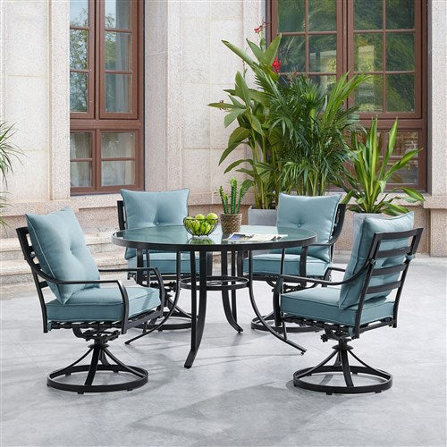 Hanover - Lavallette 5pc: 4 Swivel Dining Chairs and Round Glass Table - Blue-United Backyard