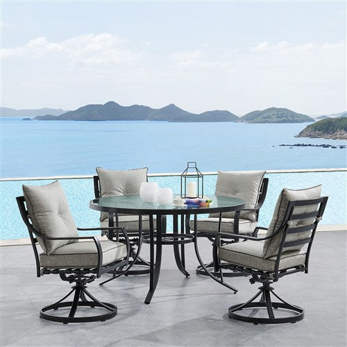 Hanover - Lavallette 5pc: 4 Swivel Dining Chairs and Round Glass Table - Silver-United Backyard