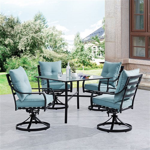 Hanover - Lavallette 5pc: 4 Swivel Dining Chairs and Square Glass Table - Blue-United Backyard