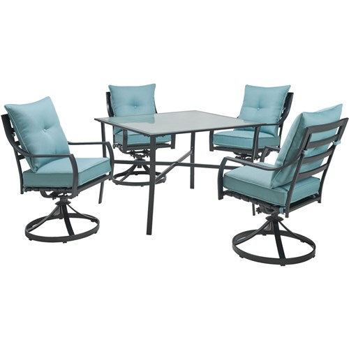 Hanover - Lavallette 5pc: 4 Swivel Dining Chairs and Square Glass Table - Blue-United Backyard