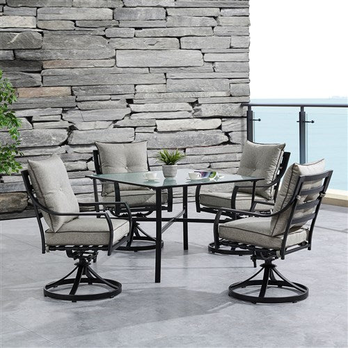 Hanover - Lavallette 5pc: 4 Swivel Dining Chairs and Square Glass Table - Silver-United Backyard