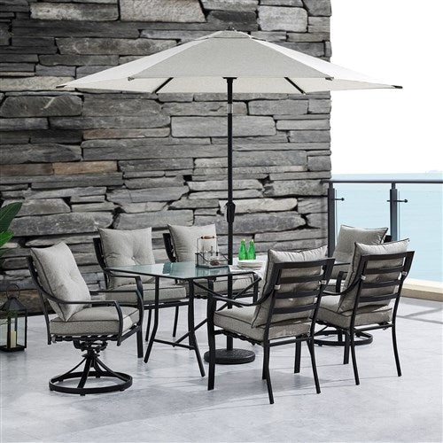 Hanover - Lavallette 7pc: 4 Dining Chairs, 2 Swivel Chairs, Rectangle Glass Table, Umbrella & Base - Silver-United Backyard