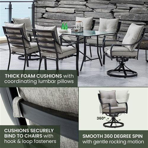 Hanover - Lavallette 7pc: 4 Dining Chairs, 2 Swivel Chairs, Rectangle Glass Table, Umbrella & Base - Silver-United Backyard